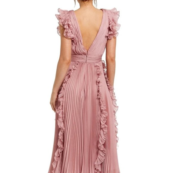 NWT | Mac Duggal‎ 49675 Pleated Chiffon V Neck Ruffle Midi Dress Rose Pink 8 - Picture 3 of 15